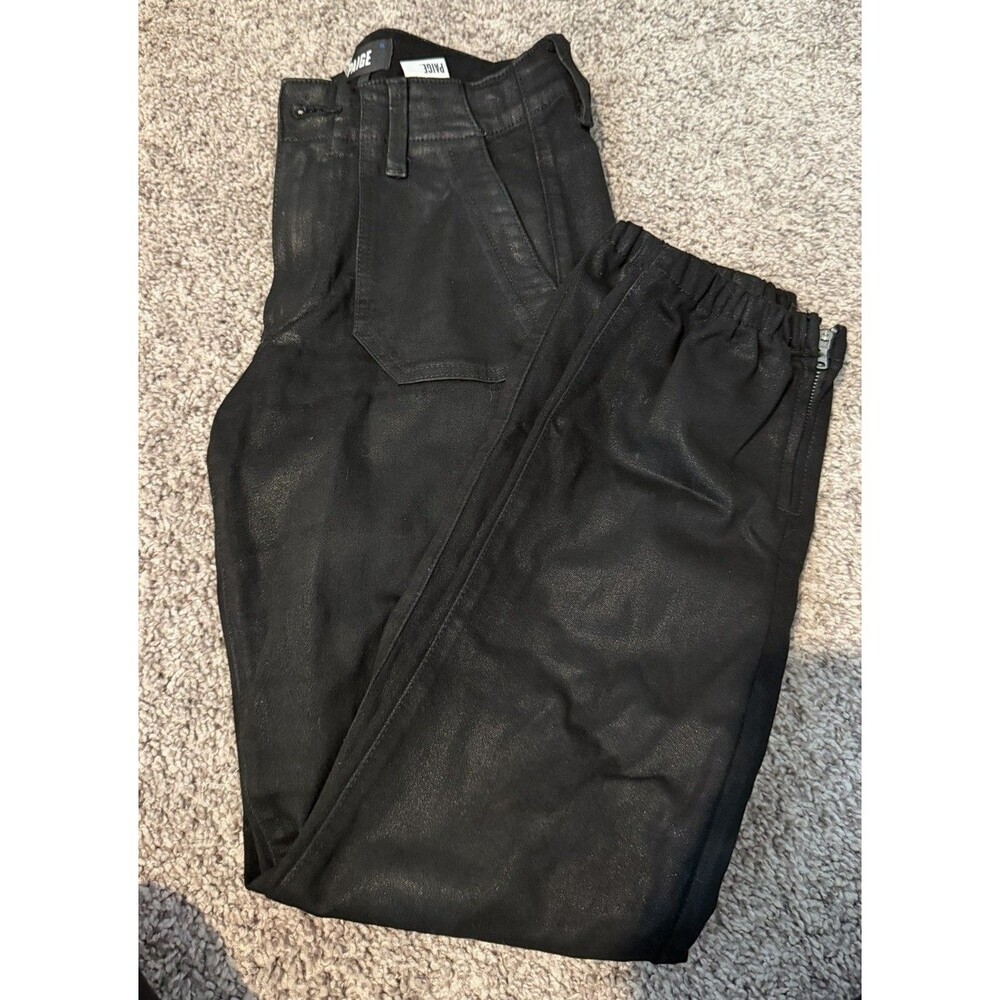 PAIGE Mayslie Jogger Pants Women's 27 Black Coated Denim Ankle Zip Cuffed EUC